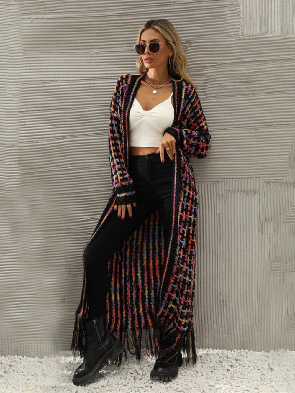 Womens Boho Cardigan Sweater Open Front Fringed Tassels Aztec Maxi Cardigan - Picture 3 of 8